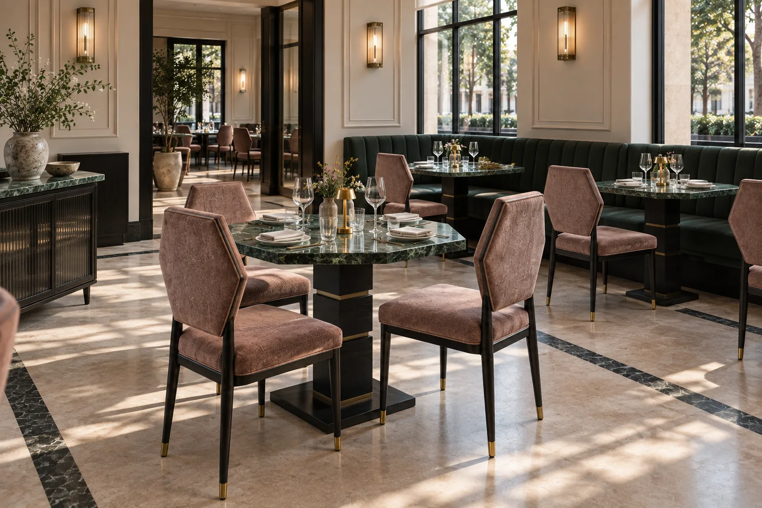 Alternative view of a modern Deco restaurant with faceted rose chairs, octagonal green tables and stepped black bases