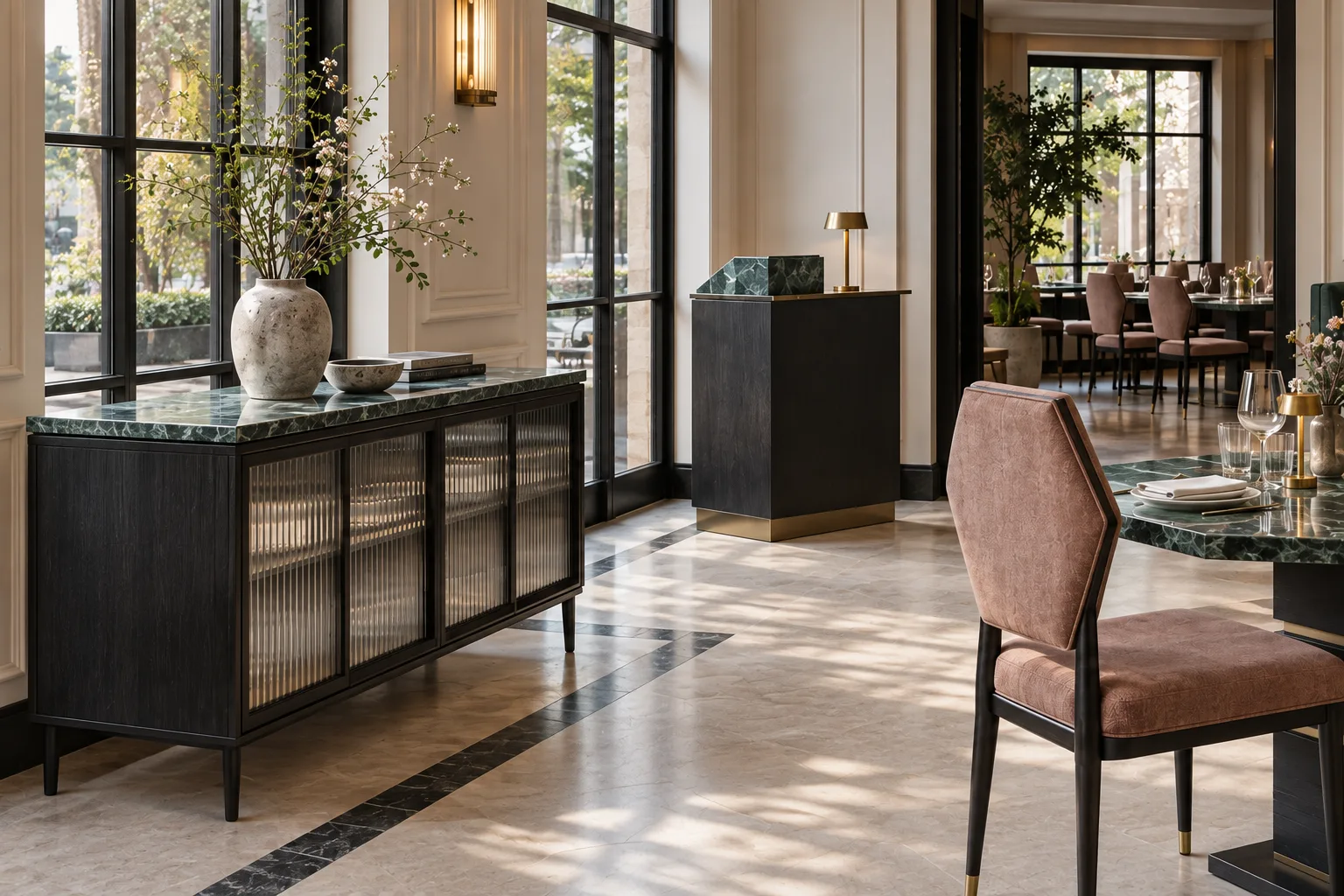 Small faceted host podium and black lacquer sideboard with ribbed glass sliding doors and a green stone top