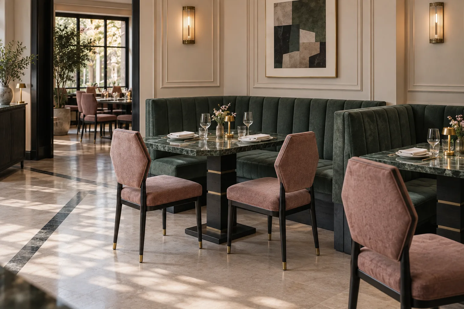 Deep green straight-corner restaurant booth with a rectangular upholstered back beside octagonal tables and faceted rose chairs