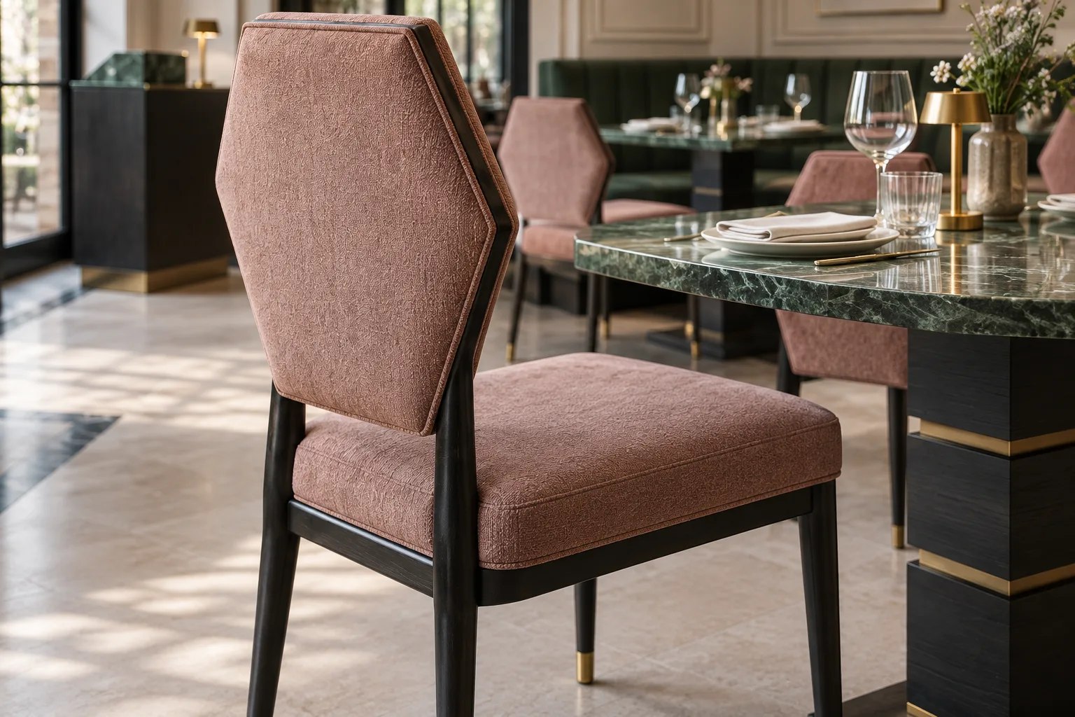 Close view of a dusty rose upholstered dining chair with a tall faceted hexagonal back, separate square seat and slender black frame with small brass feet