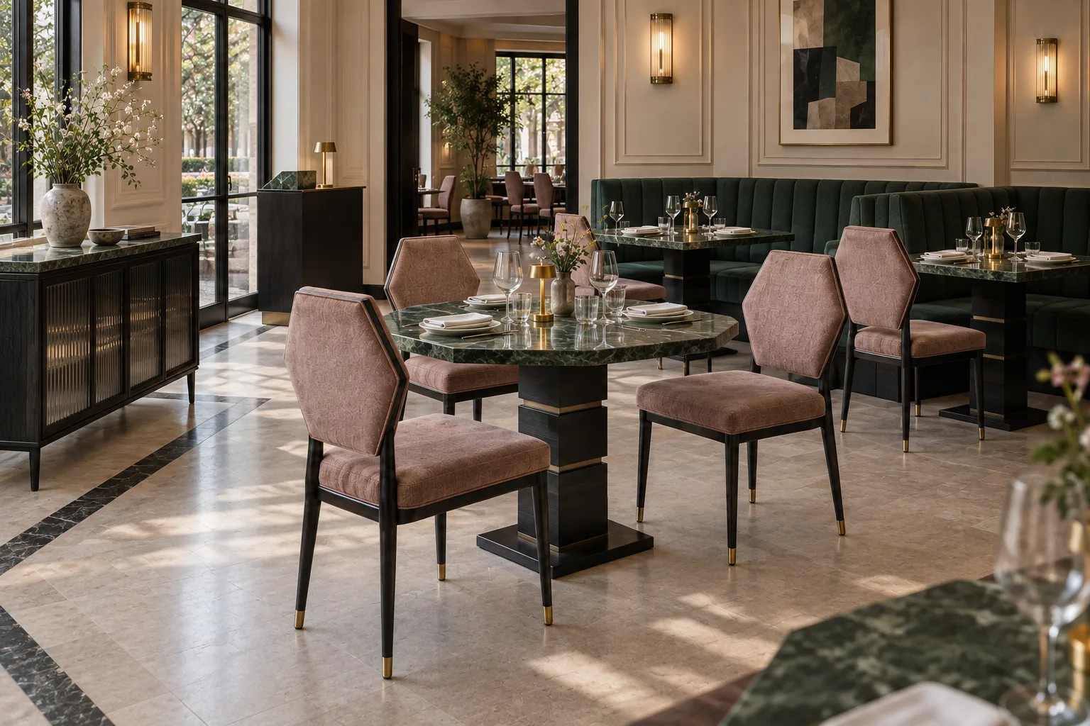 Dusty rose faceted hexagonal-back dining chairs on black lacquer frames around octagonal deep green tables with stepped square bases