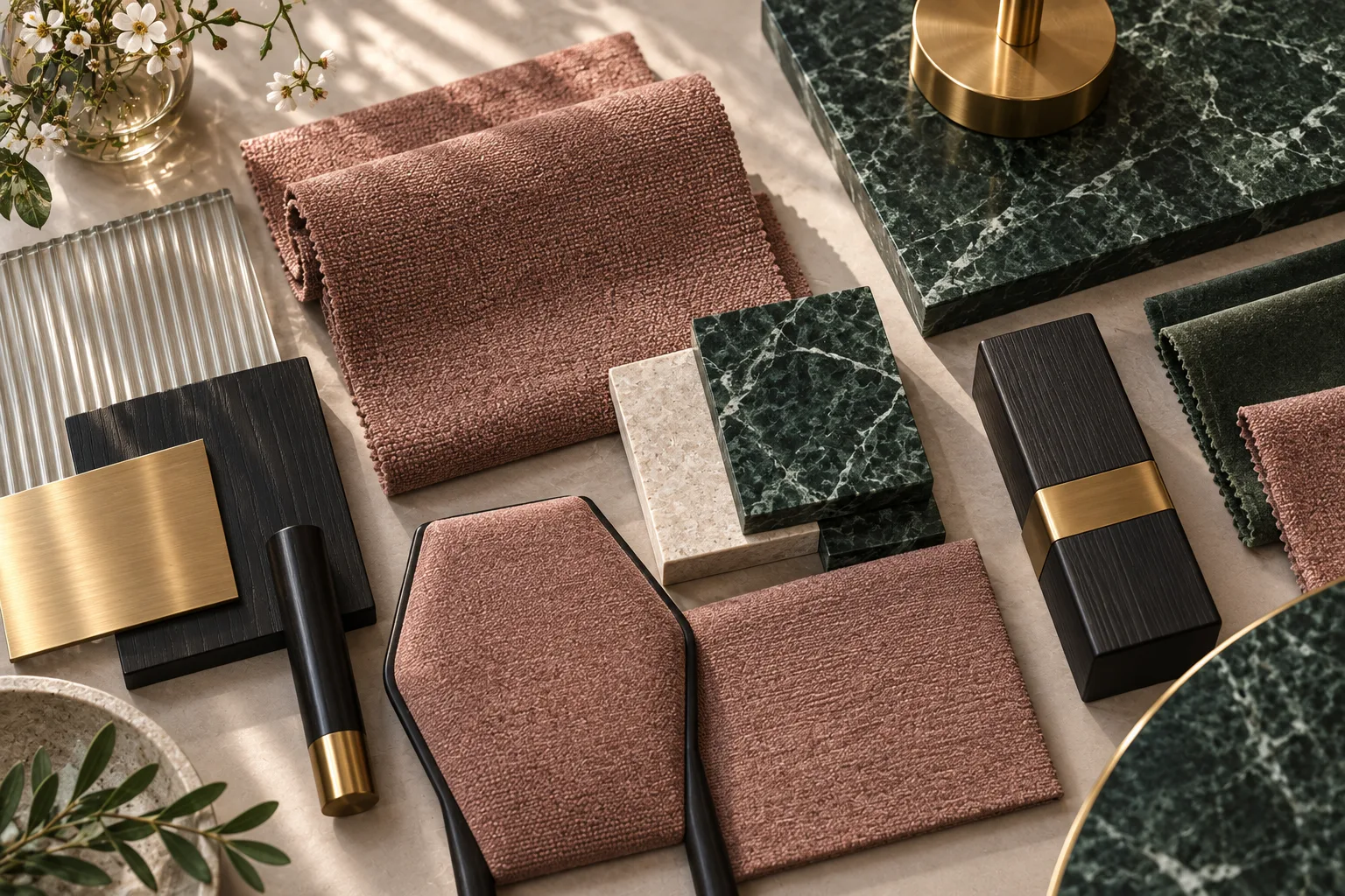 Dusty rose · Deep green · Black lacquer · Brass physical material sample concept board