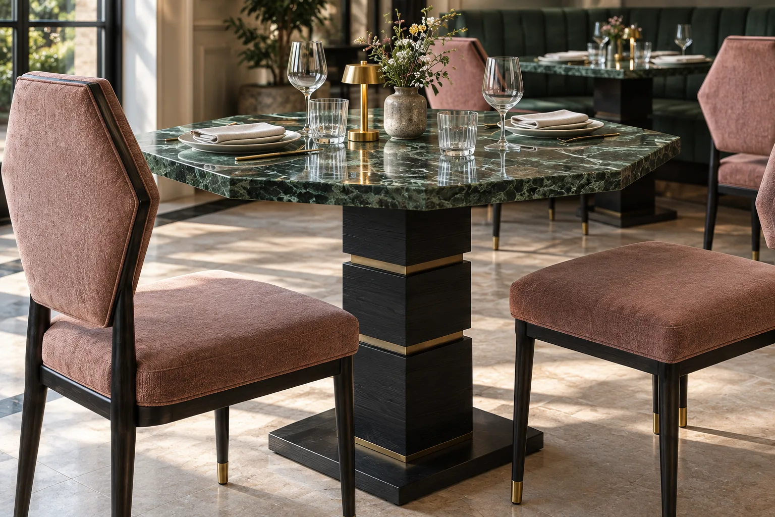 Detail of an octagonal dark green stone restaurant tabletop on a stepped square black timber pedestal with a restrained brass reveal