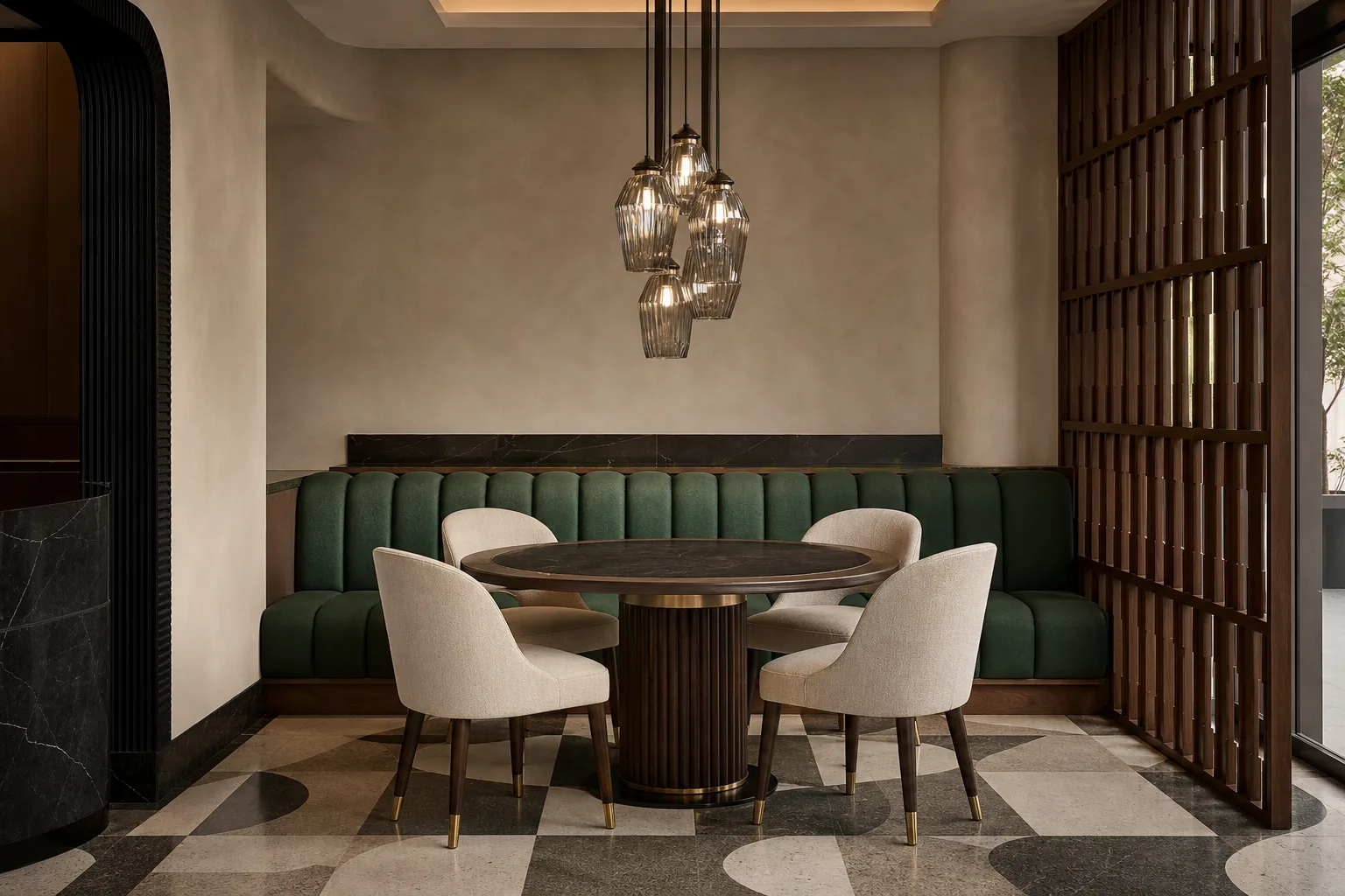 New Deco restaurant with black stone table, oxblood chairs and ribbed glass pendants