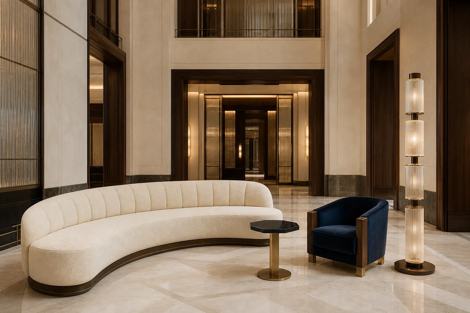 New Deco hotel lobby with curved sofa, jade chairs and geometric brass lighting