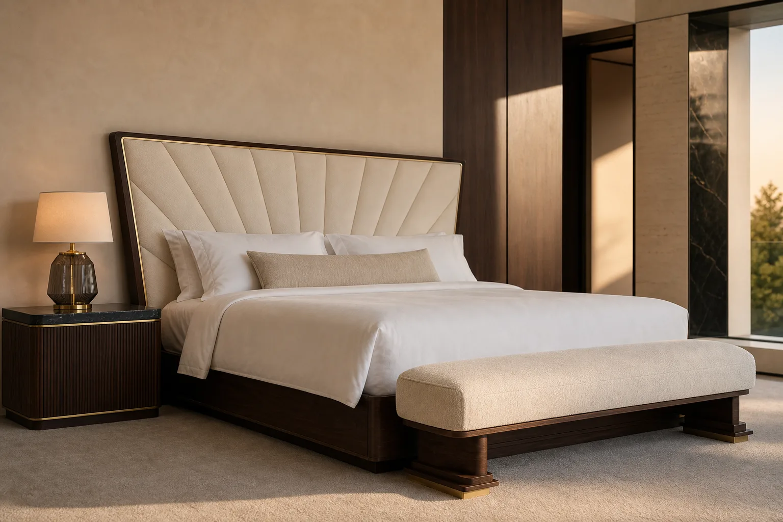 New Deco hotel guest room with fan headboard, dark walnut and ribbed glass lights