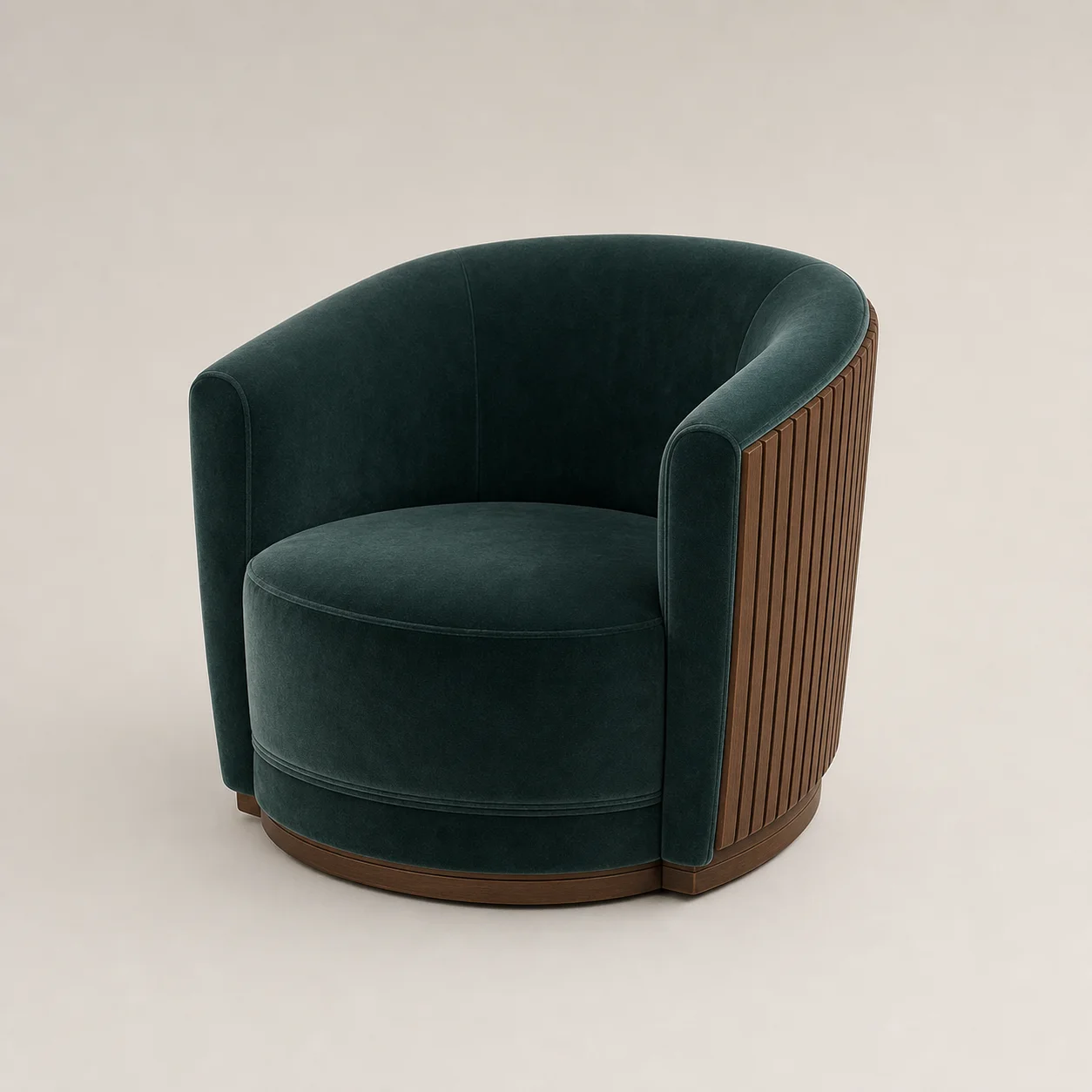 Étoile Club Chair studio concept visual in jade velvet, fluted walnut outer back