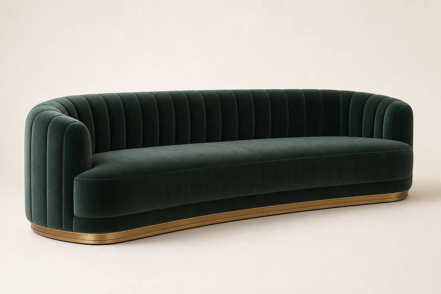 Marais Channel Sofa studio concept visual in deep jade velvet, satin-brass stepped base