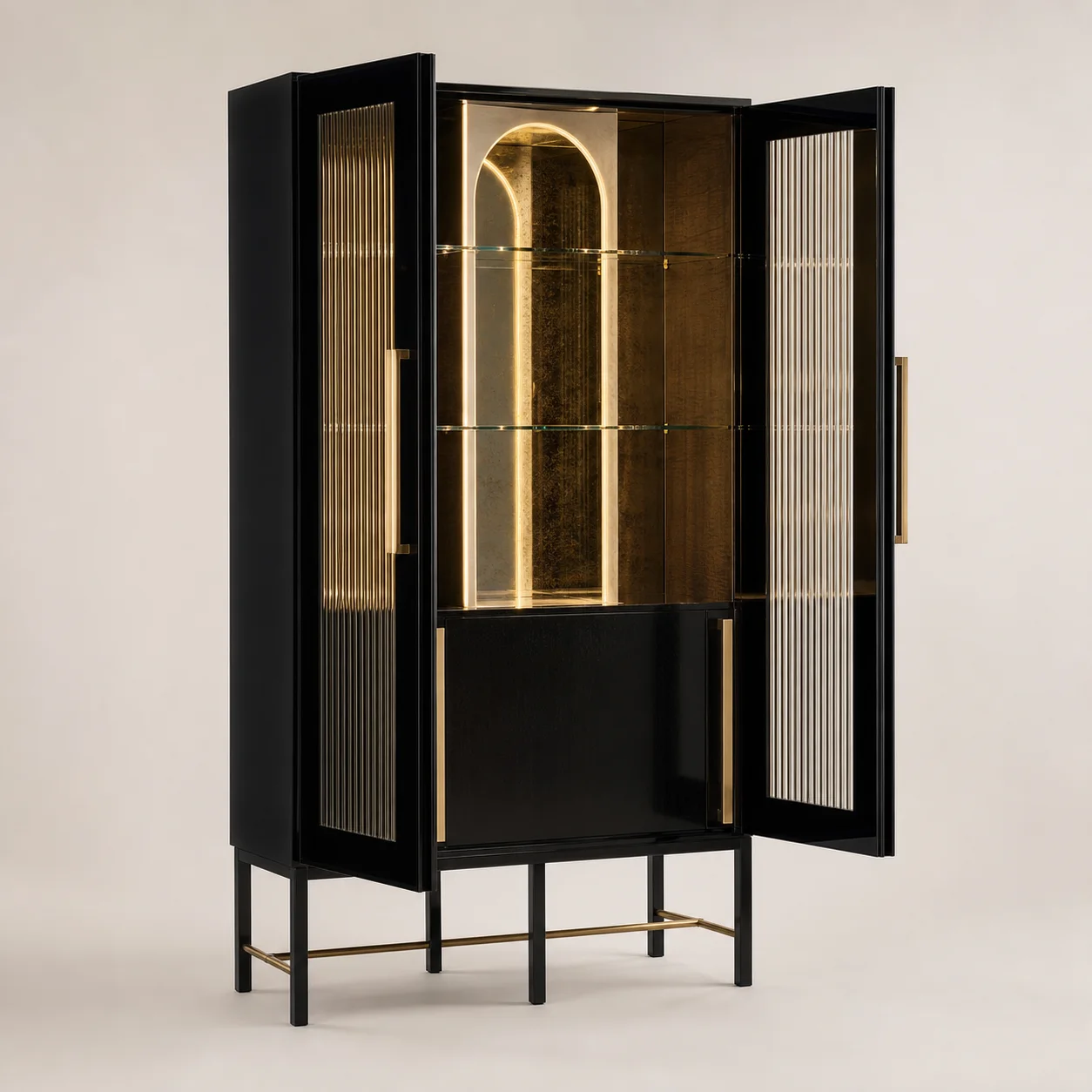 Midnight Bar Cabinet studio concept visual in piano-black lacquer, warm mirror, satin brass
