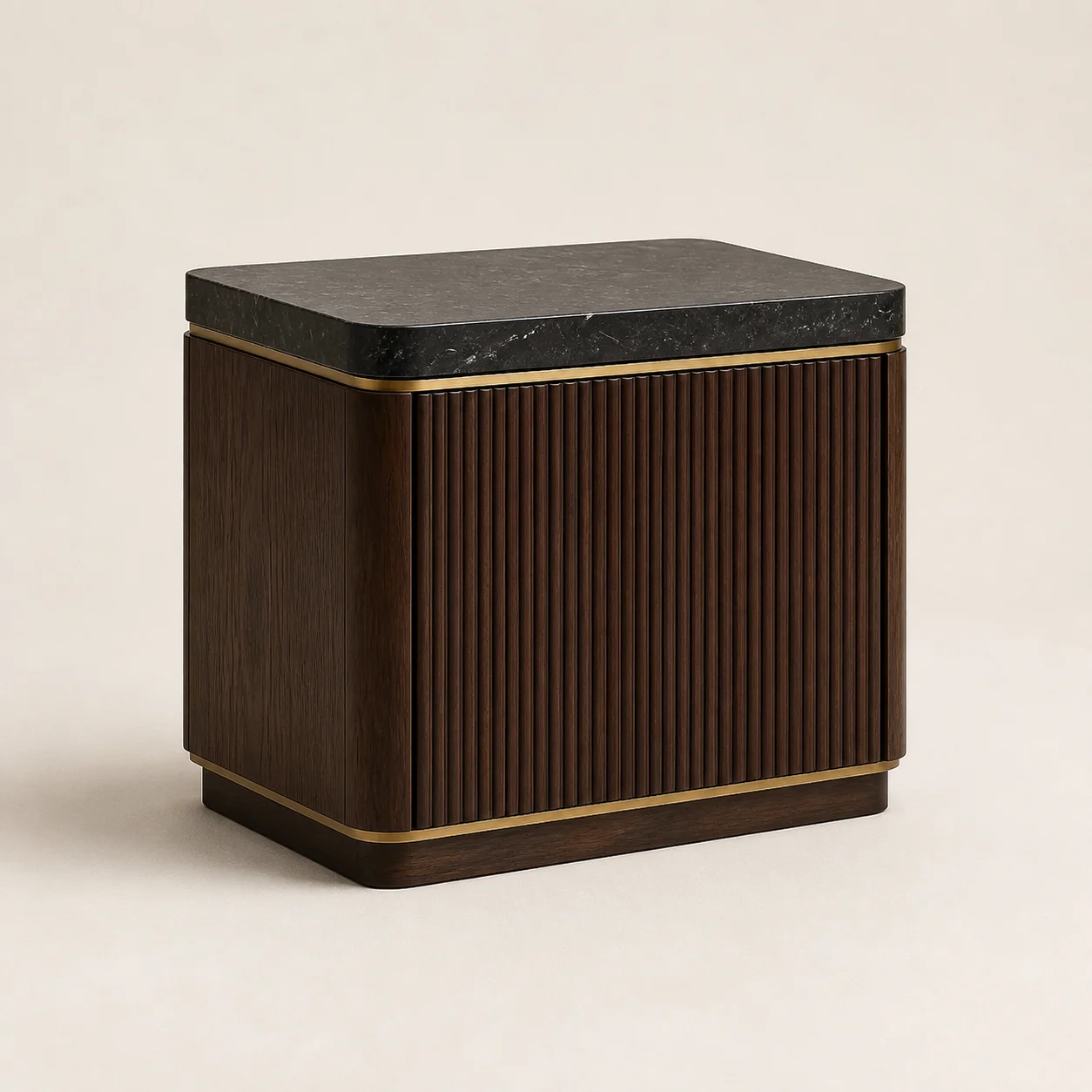 Nocturne Nightstand studio concept visual in dark walnut, black stone, satin brass