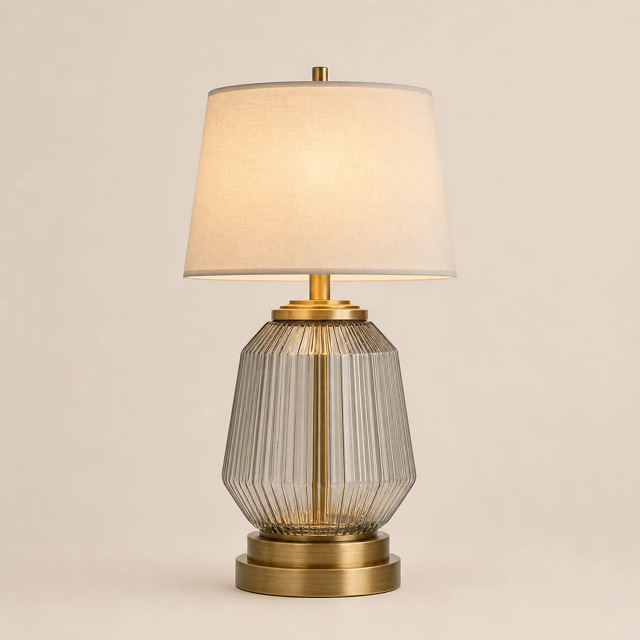 Prism Table Lamp studio concept visual in clear ribbed glass, satin brass, ivory linen