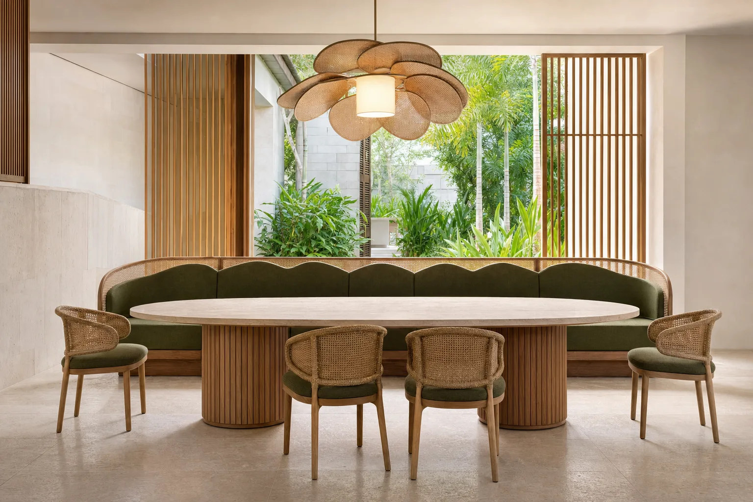 Palm House restaurant with teak table, cane chairs and botanical pendant lights