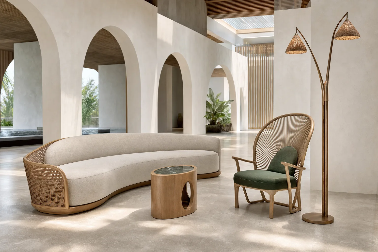 Tropical modern hotel lobby with curved sofa, woven chairs and lush atrium planting