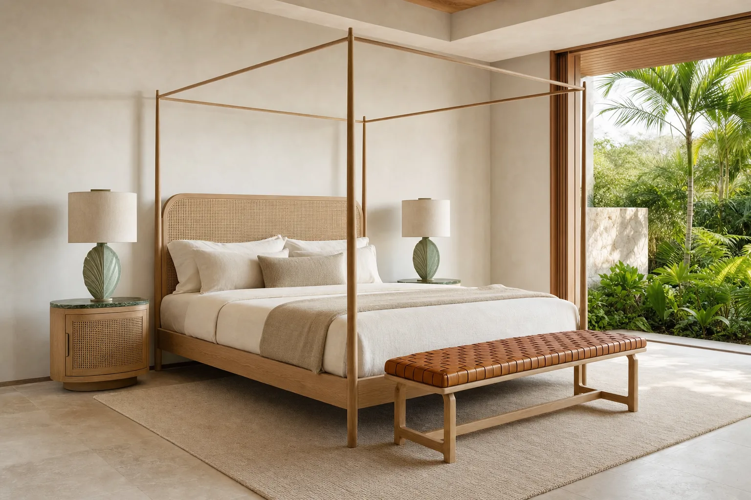 Tropical modern hotel guest room with cane bed, teak furniture and botanical light
