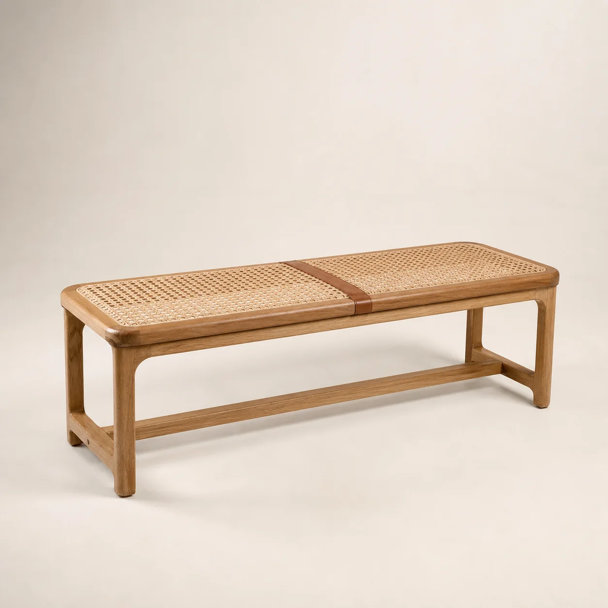 Bahia Valet Bench studio concept visual in natural teak, honey cane, cognac detail