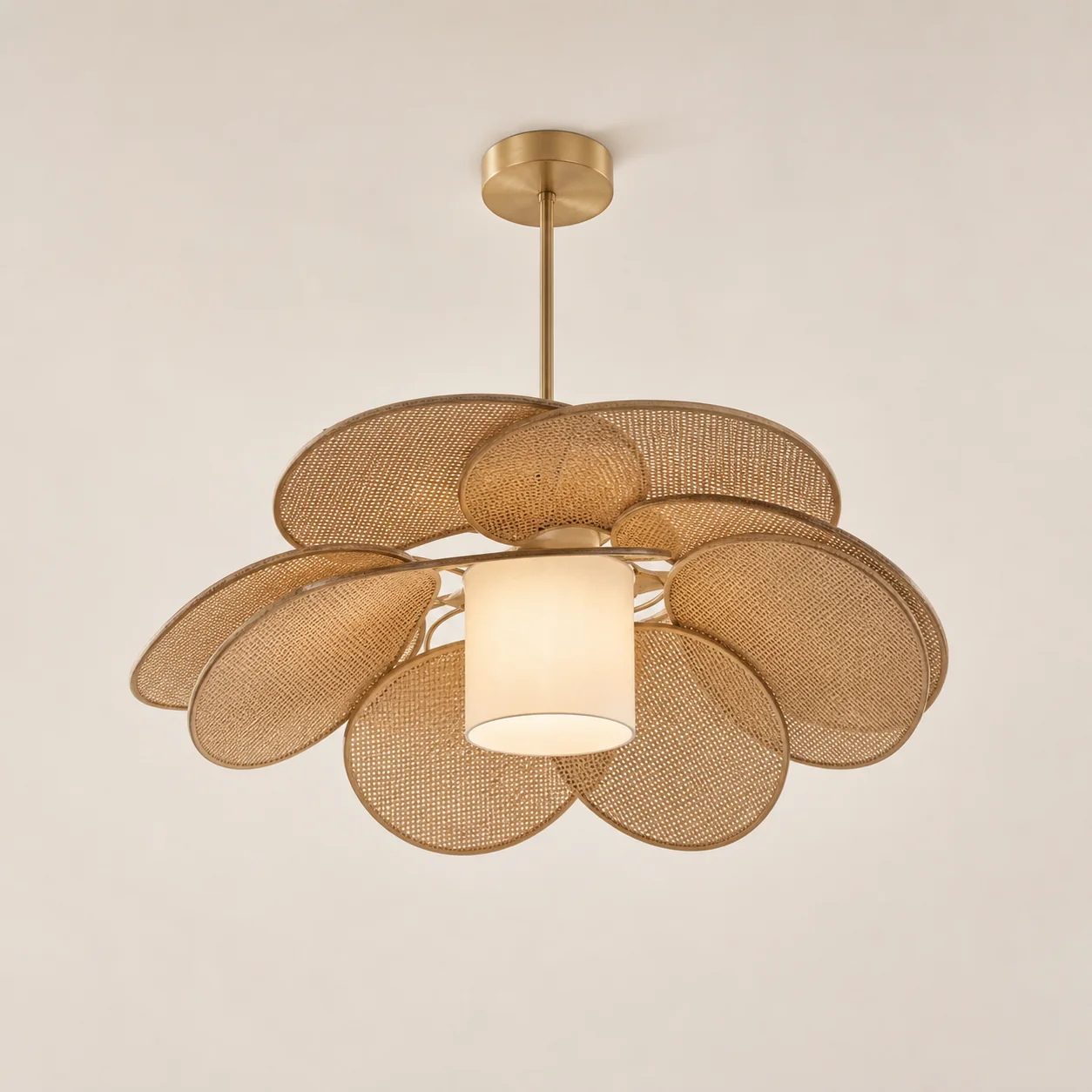 Bloom Pendant studio concept visual in natural fibre, warm opal light