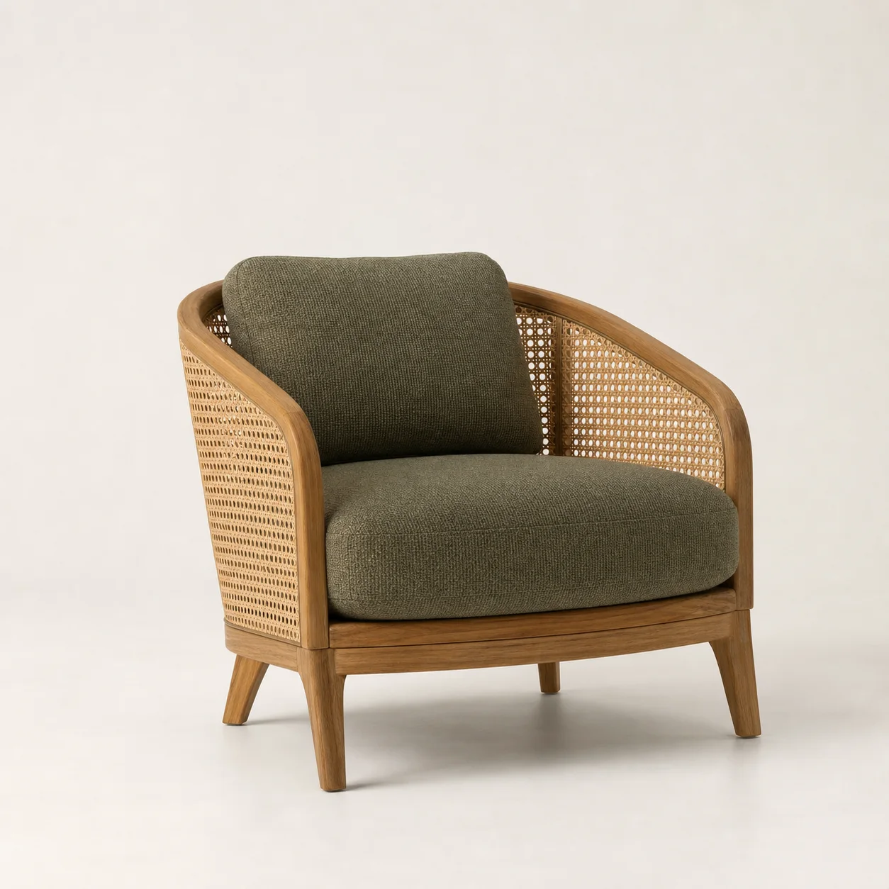 Calathea Lounge Chair studio concept visual in honey cane, natural teak, moss cushion