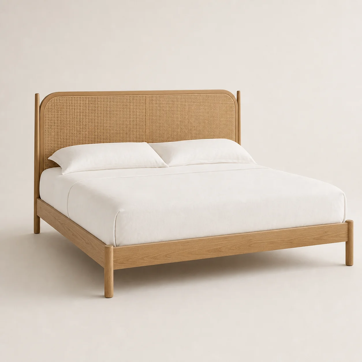 Canopy Rattan Bed studio concept visual in natural teak, honey cane, warm-white linen