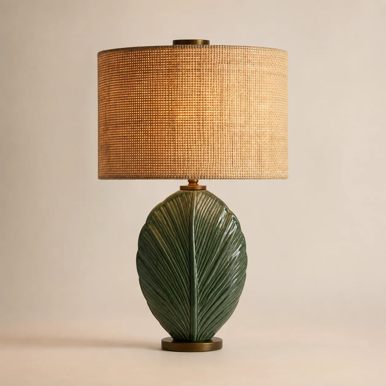 Frond Ceramic Lamp studio concept visual in deep green glaze, natural-fibre shade