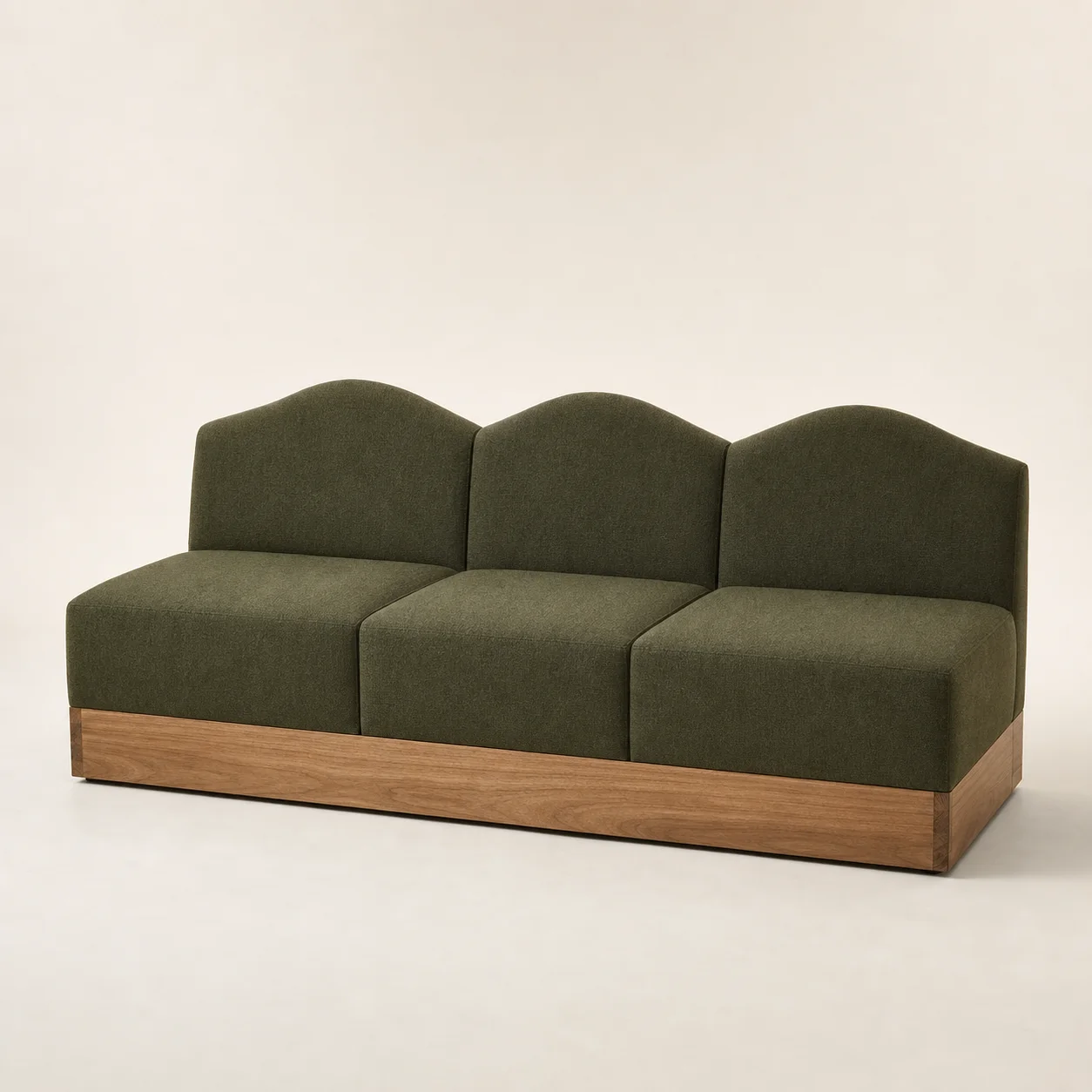 Garden Banquette studio concept visual in deep leaf green, teak plinth
