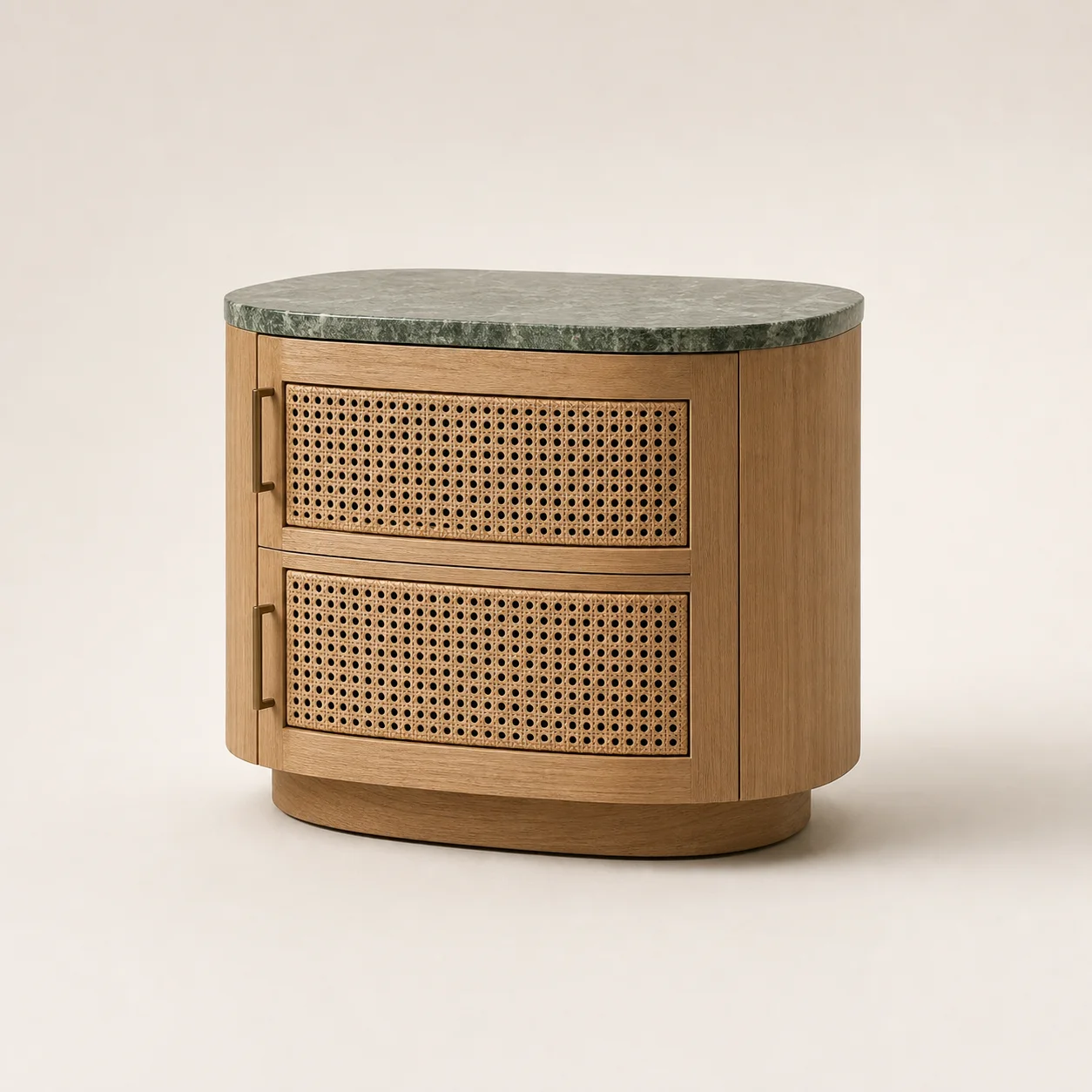 Isla Cane Nightstand studio concept visual in natural teak, cane, pale green stone
