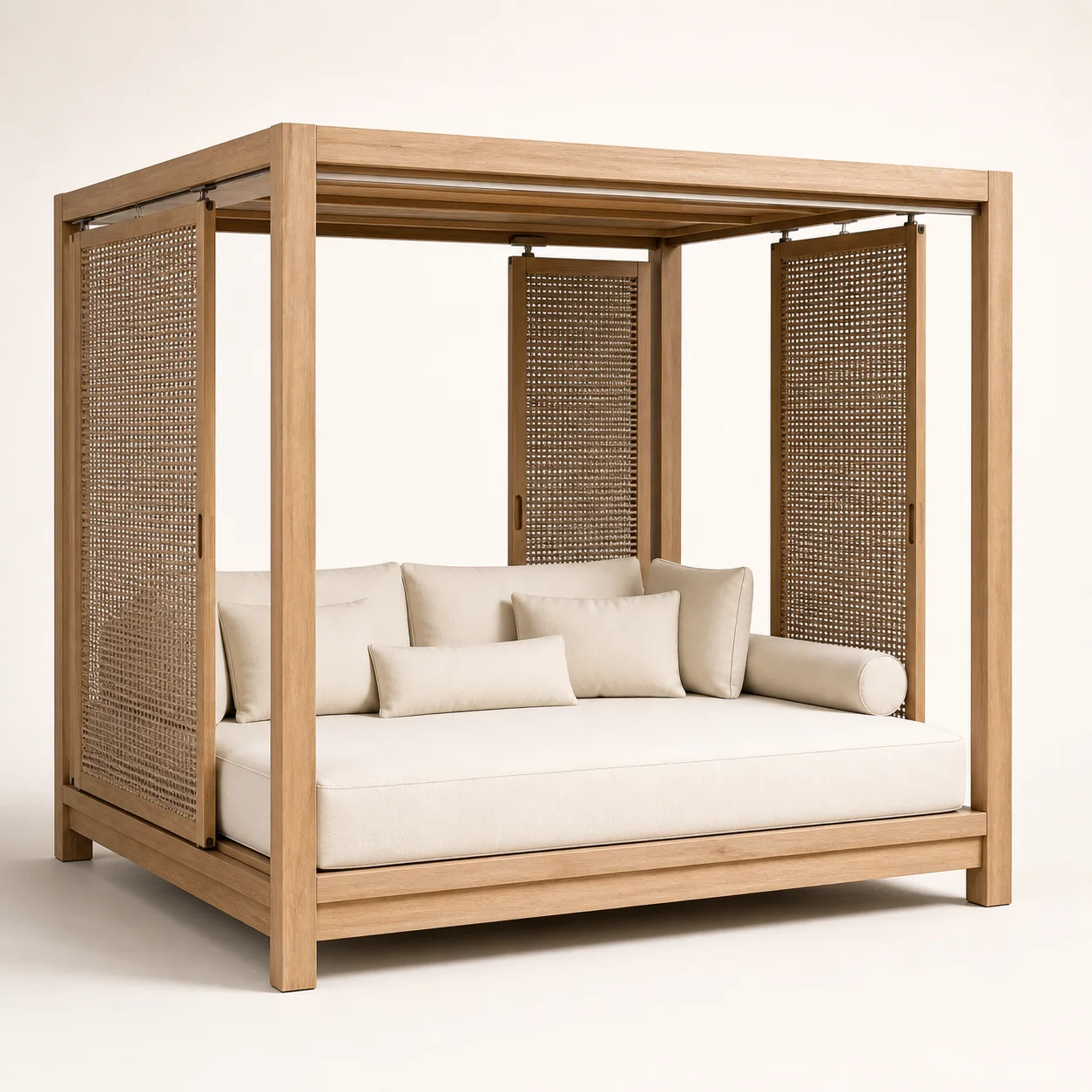 Lagoon Cabana Daybed studio concept visual in natural teak, rope panels, warm-white outdoor textile