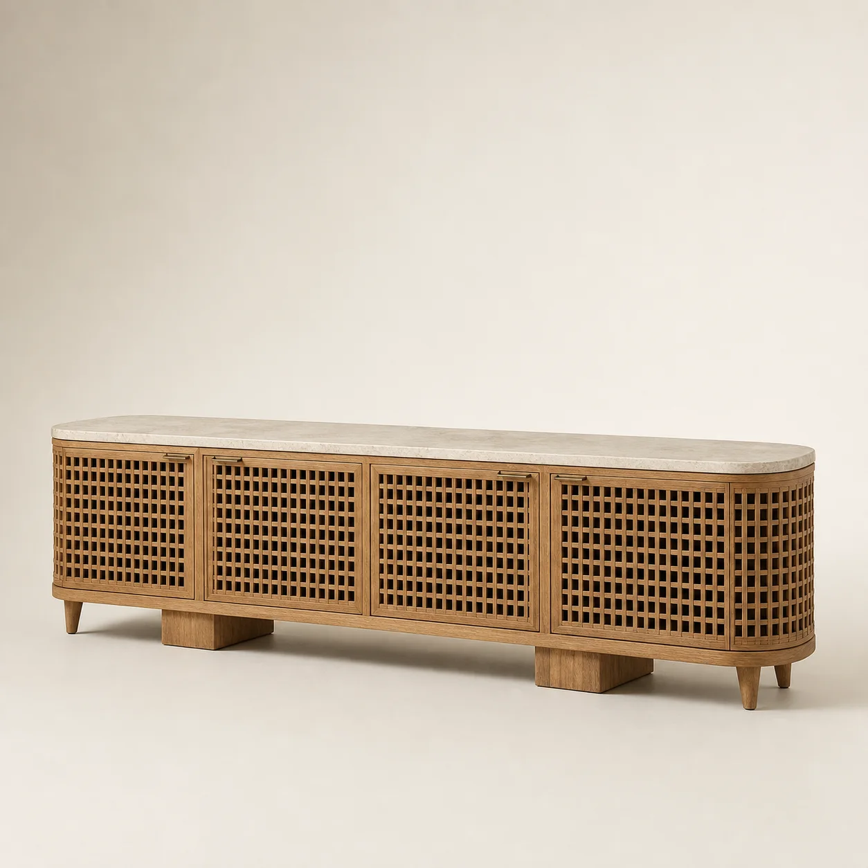 Lattice Media Console studio concept visual in natural teak, pale stone, aged bronze