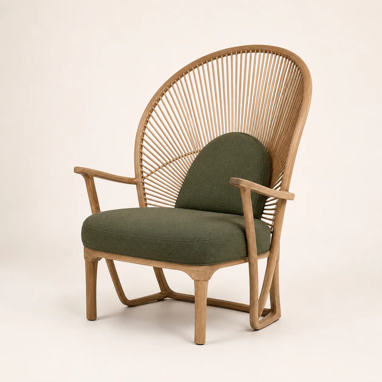 Palm Woven Chair studio concept visual in natural teak, honey cane, moss cushion