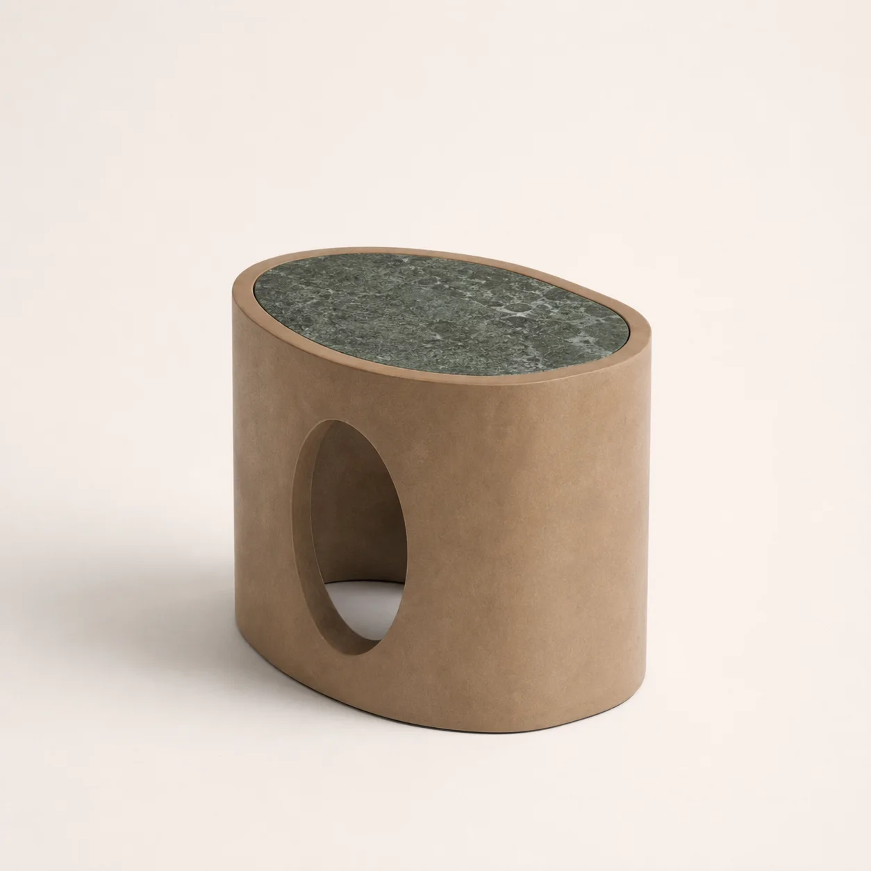Seed Side Table studio concept visual in clay base, mottled green stone