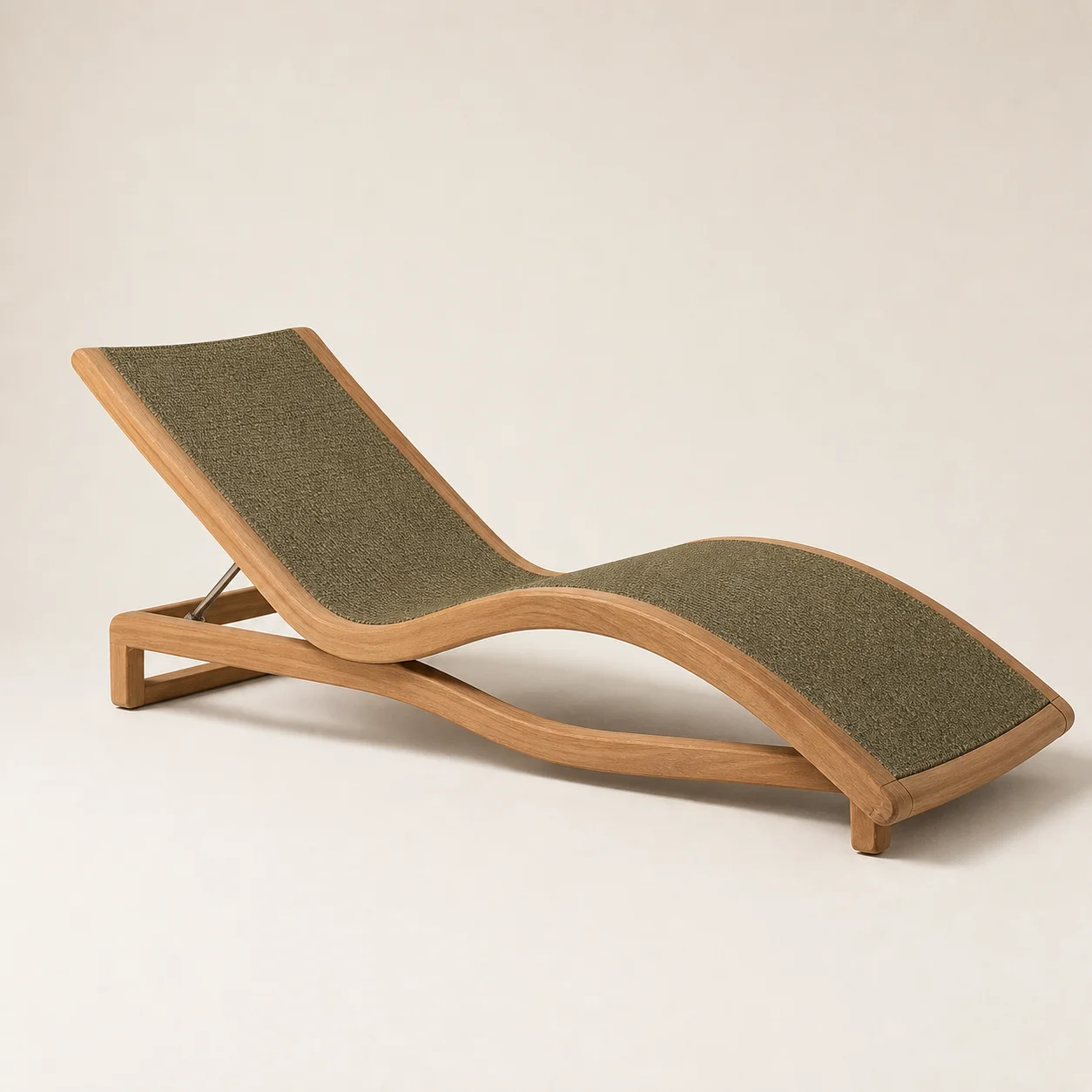 Tidal Teak Chaise studio concept visual in natural teak, moss outdoor weave