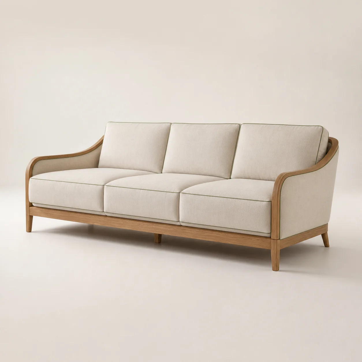 Veranda Linen Sofa studio concept visual in natural teak, warm-white linen, green piping