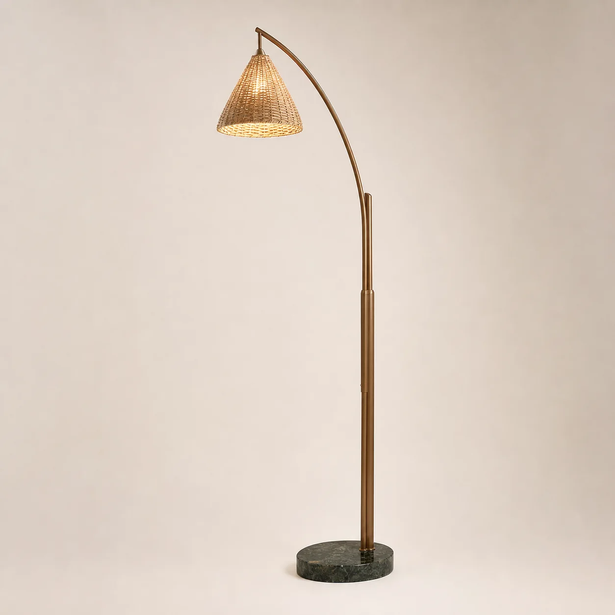 Vine Floor Lamp studio concept visual in aged bronze, natural fibre, dark-green stone