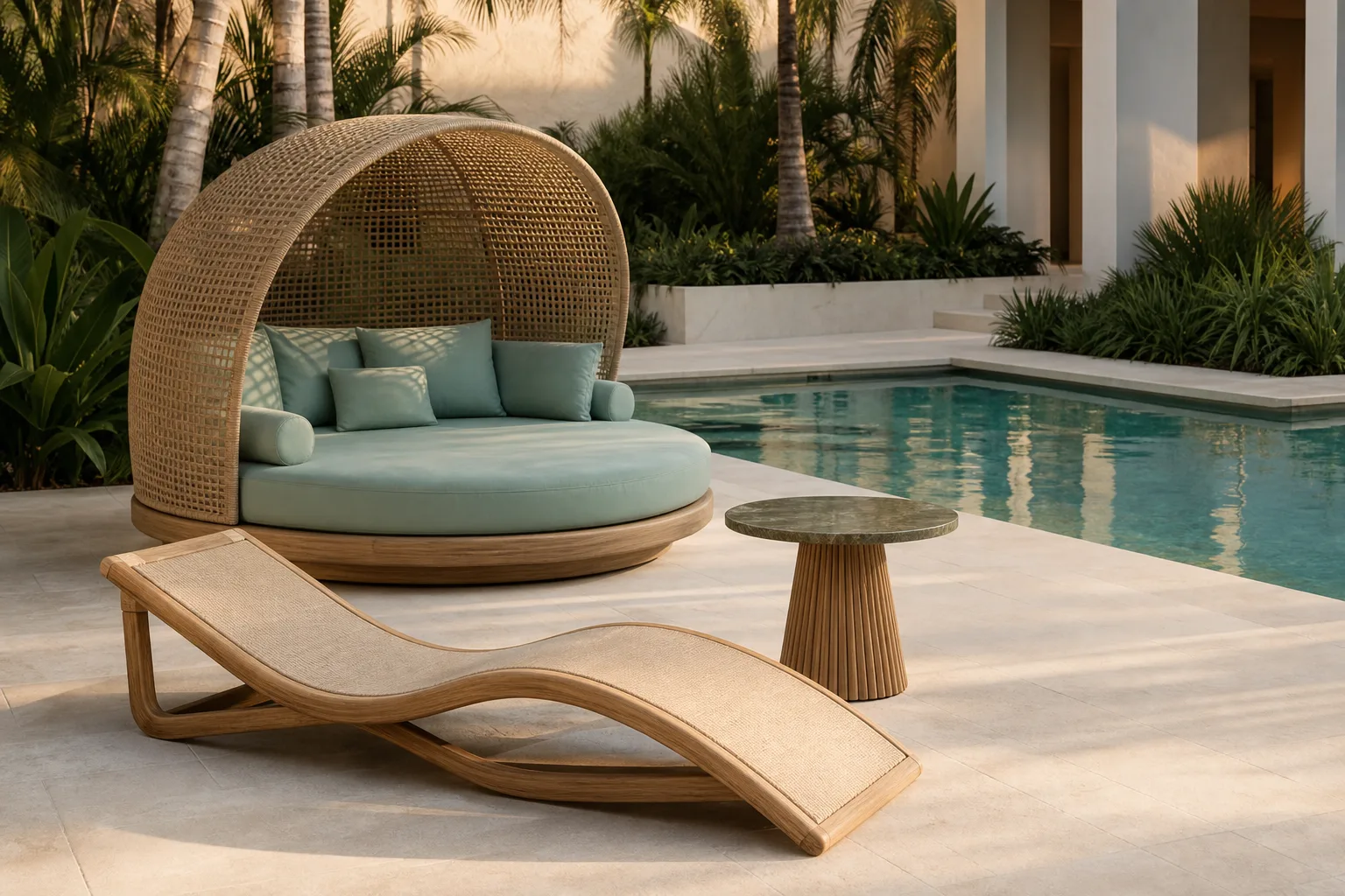 Tropical resort pool garden with cabana daybed, teak chaise and outdoor side table