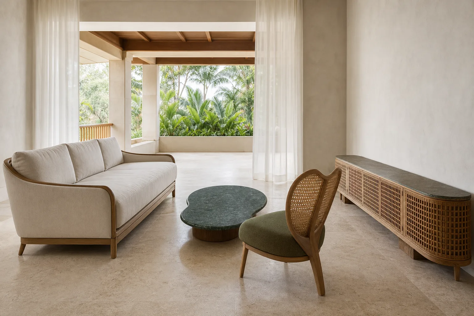 Palm House hotel suite with linen sofa, cane chair and green stone table