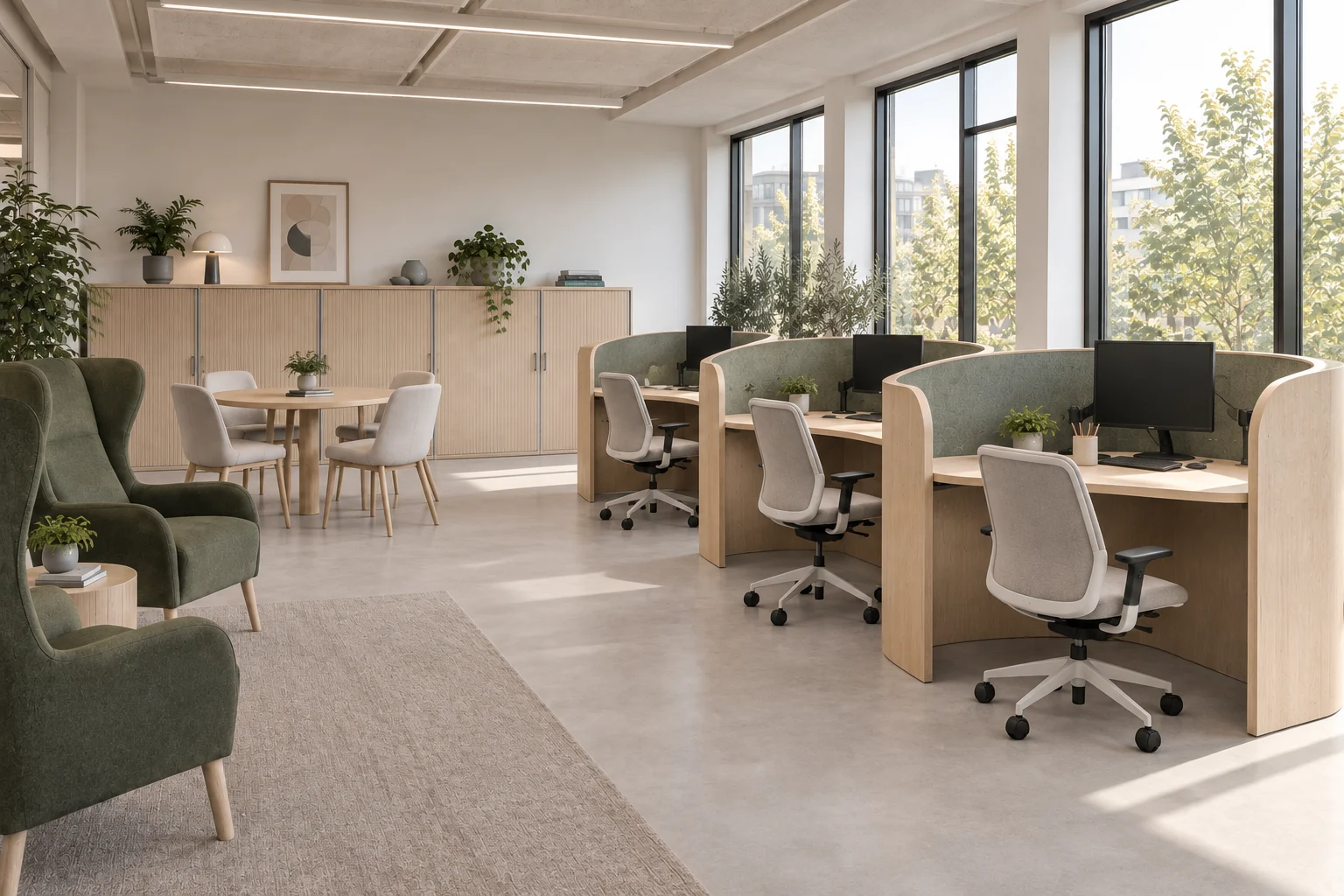 Quiet minimal office with oak desks, round meeting table and green focus seating