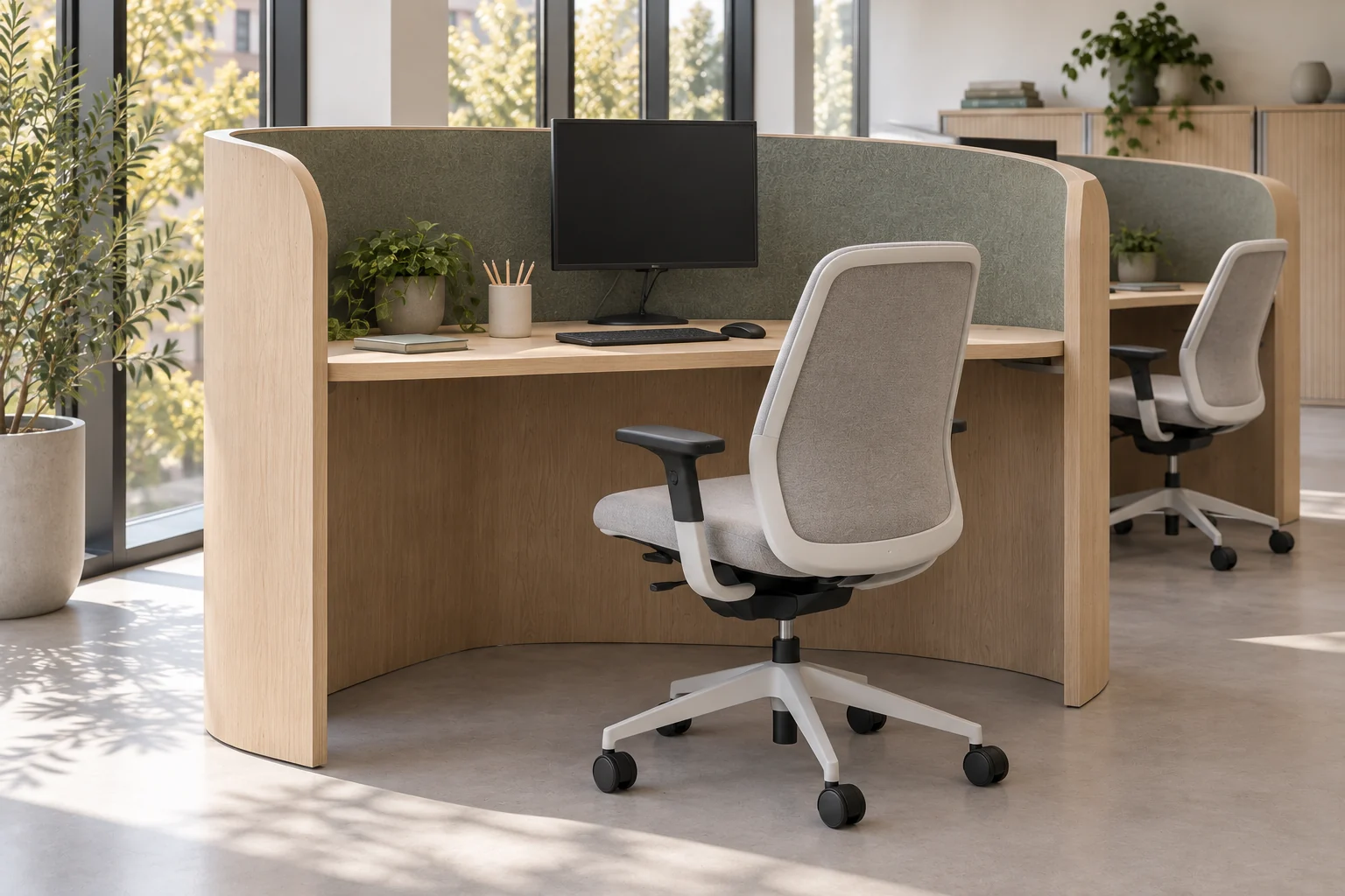 Light grey upholstered task chair with five-star base beside an oak desk