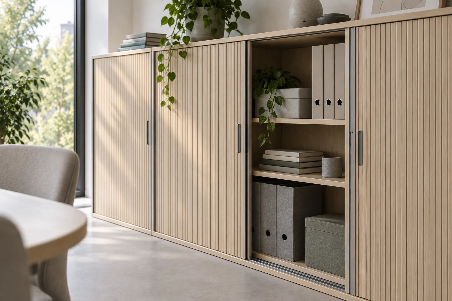 Pale oak tambour cabinet slats, track and shelf construction