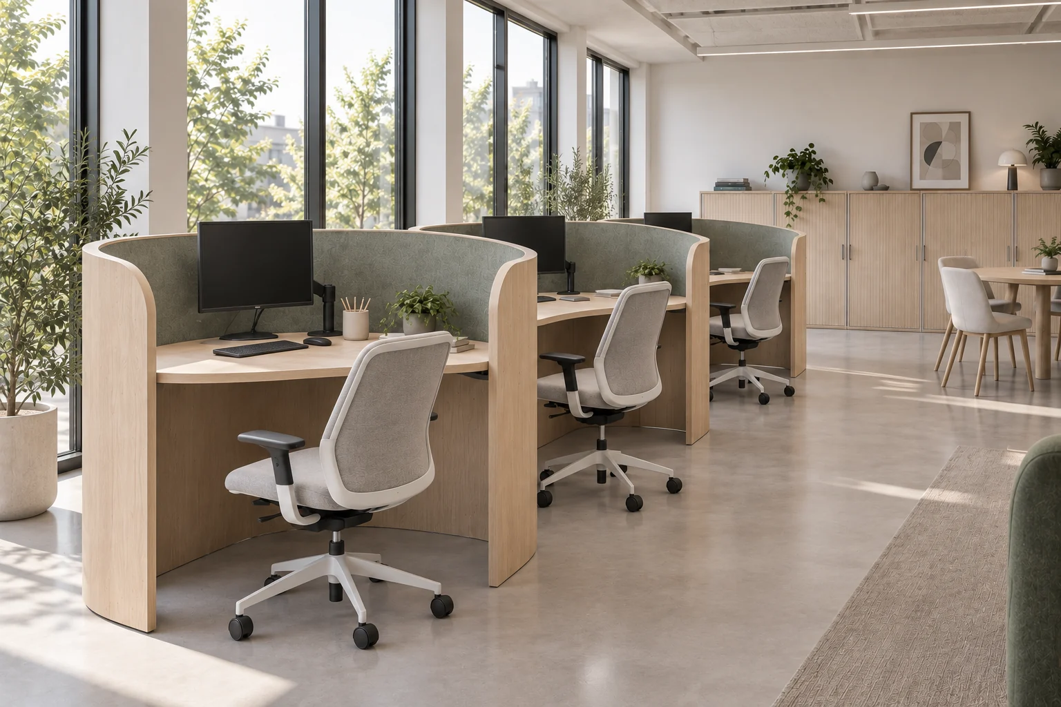 Light oak desk alcoves with curved felt-lined privacy surrounds and grey task chairs