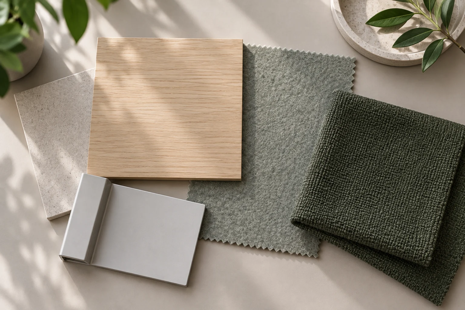 Light oak · Pale metal · Moss-grey felt · Forest-green upholstery physical material sample concept board