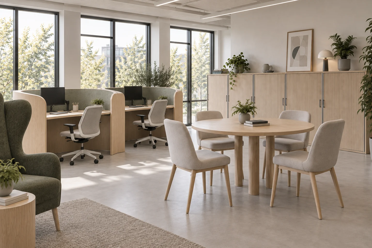 Round pale oak meeting table with curved-back upholstered chairs on timber legs