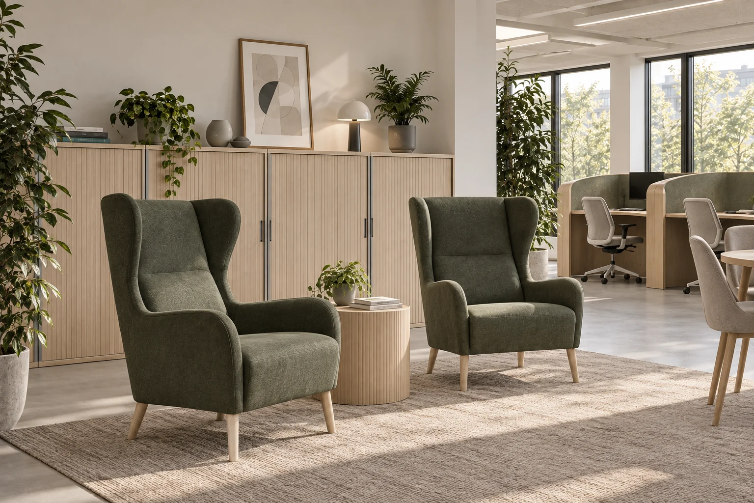 Green wing-back focus chairs beside a pale oak tambour storage wall