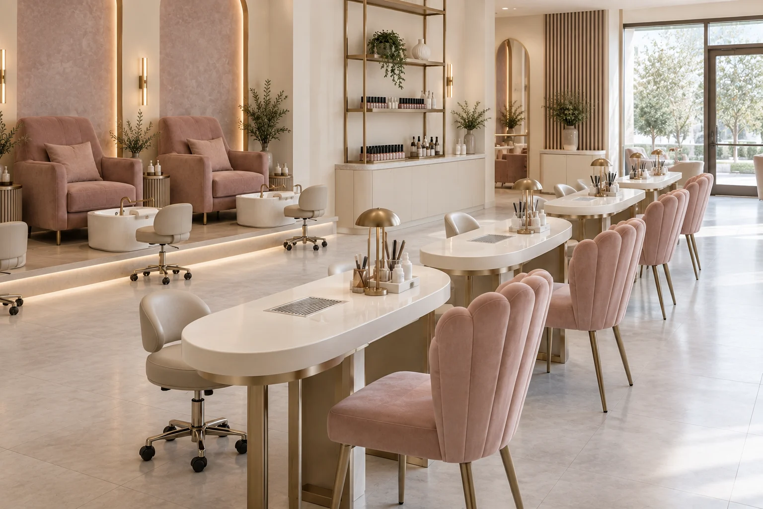 Alternative view across ivory and blush nail studio furniture