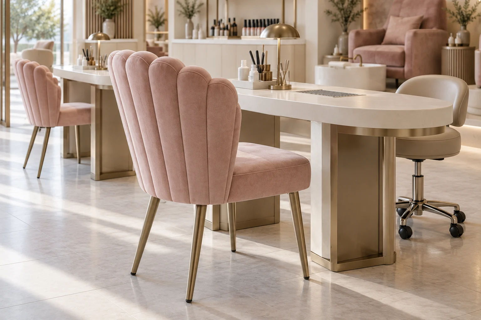Blush manicure client chair with scalloped back and tapered metal legs
