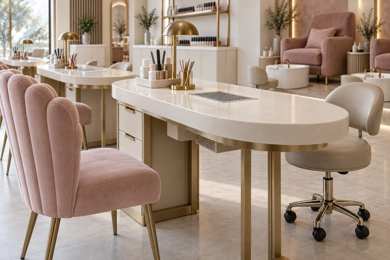 Ivory manicure tabletop with extraction grille and drawer detail
