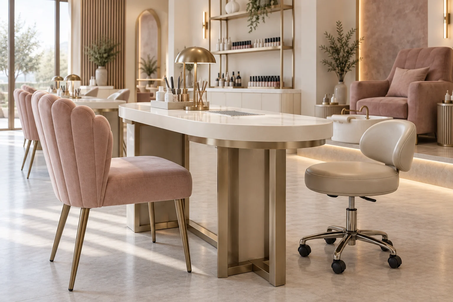 Oval ivory manicure desks with scalloped blush client chairs