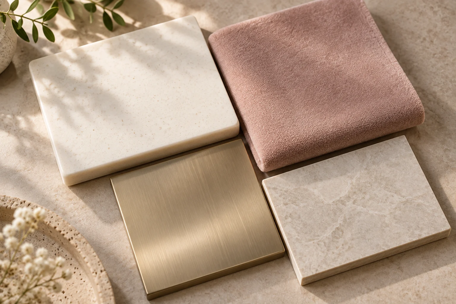 Ivory solid surface · Blush upholstery · Champagne metal · Rose pedicure upholstery physical material sample concept board