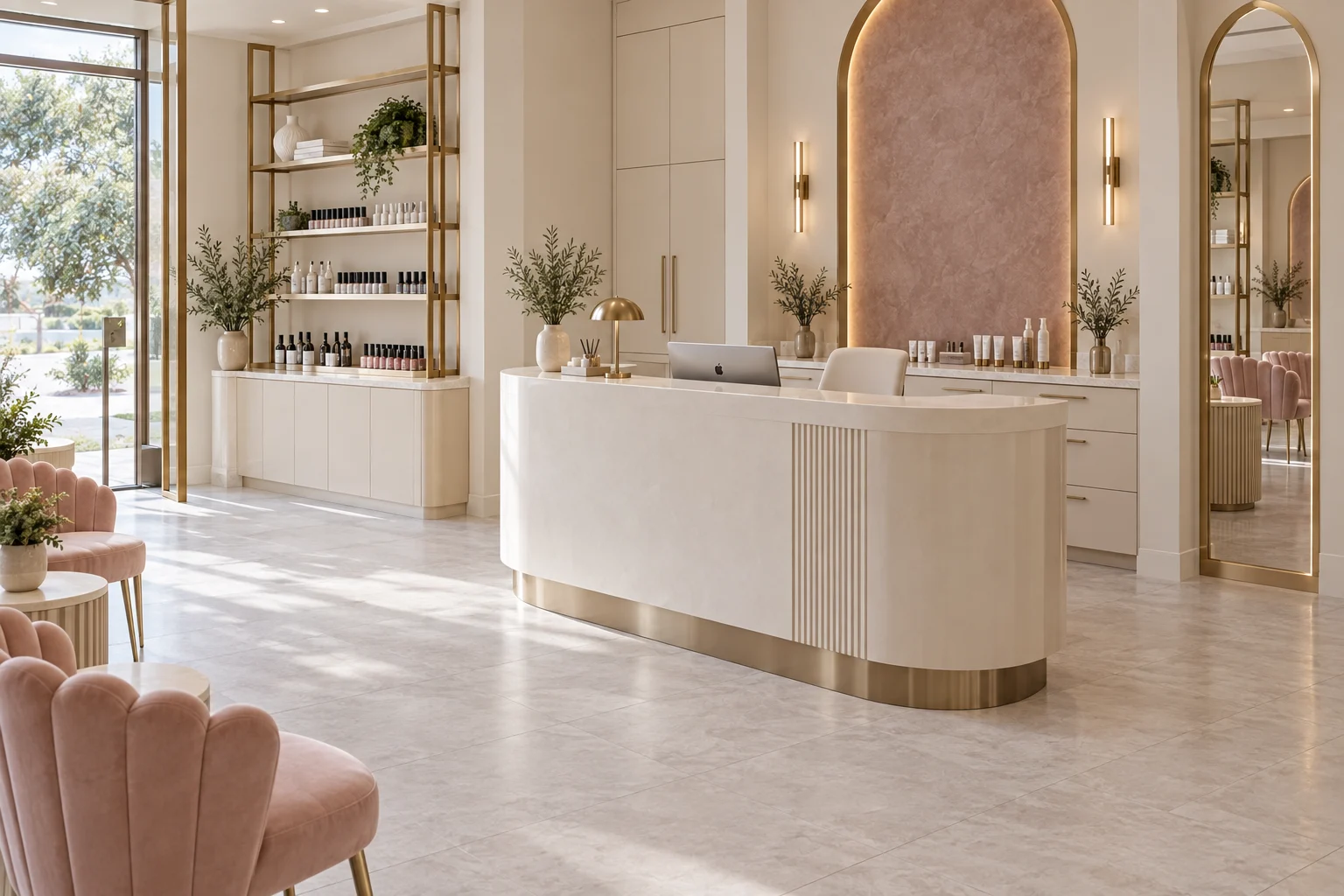 Refined nail studio reception with pale cabinetry and metal display shelving