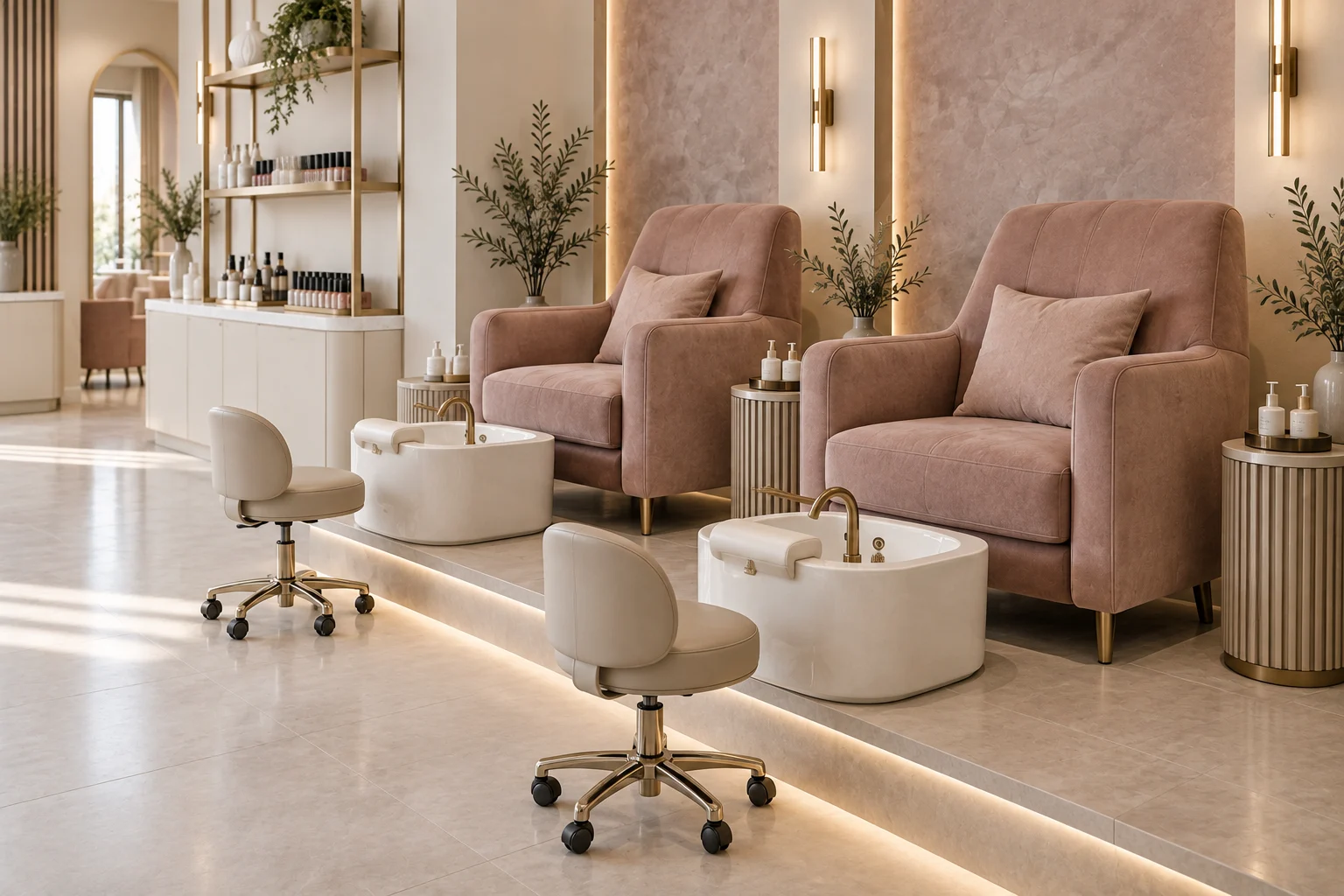 Rose pedicure chairs with separate basins and technician stools