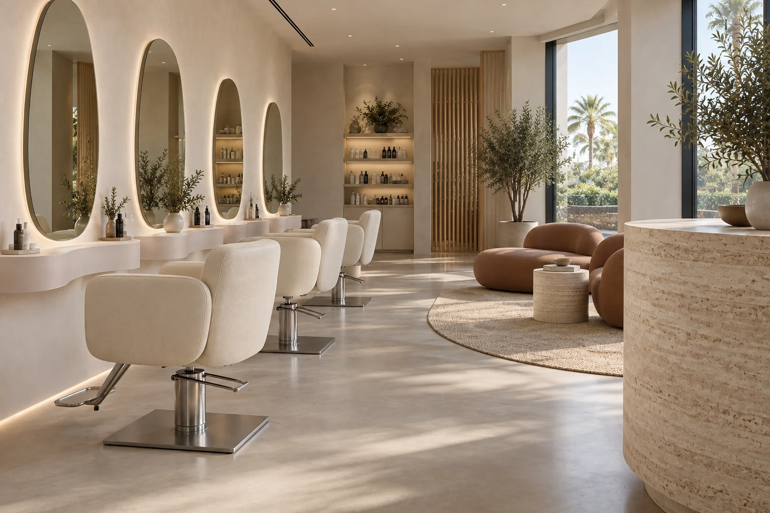 Alternative view of the sculptural cream and terracotta beauty salon