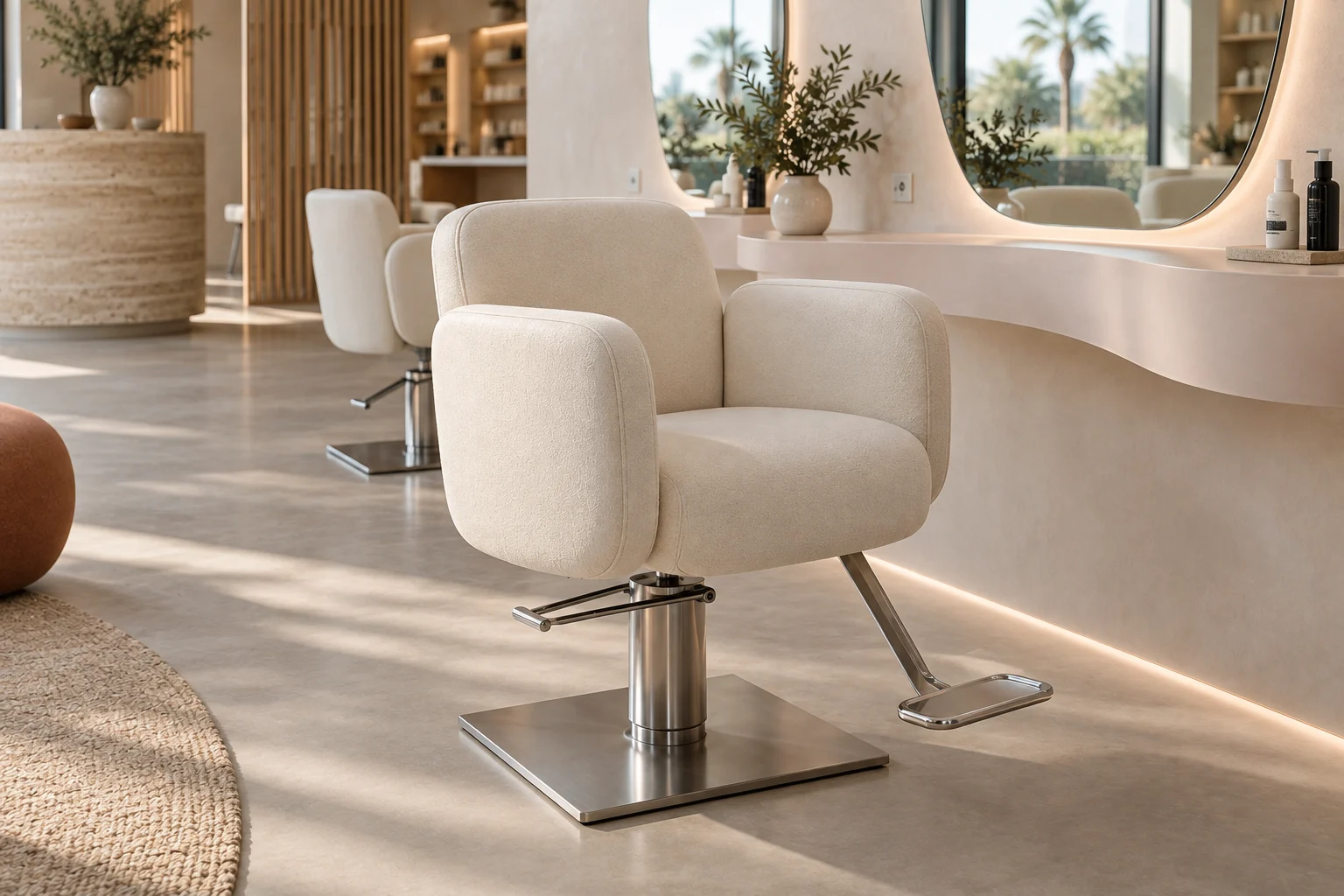Cream styling chair with separate rounded arm and back panels